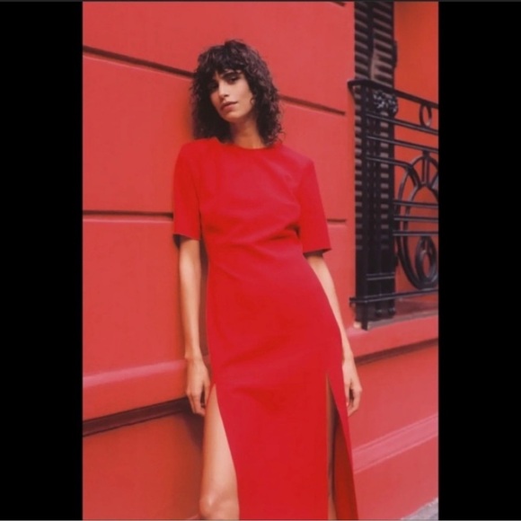 ZARA Red MIDI Dress Column Front Slit Pencil Career Holidays, Size XS - Picture 3 of 16